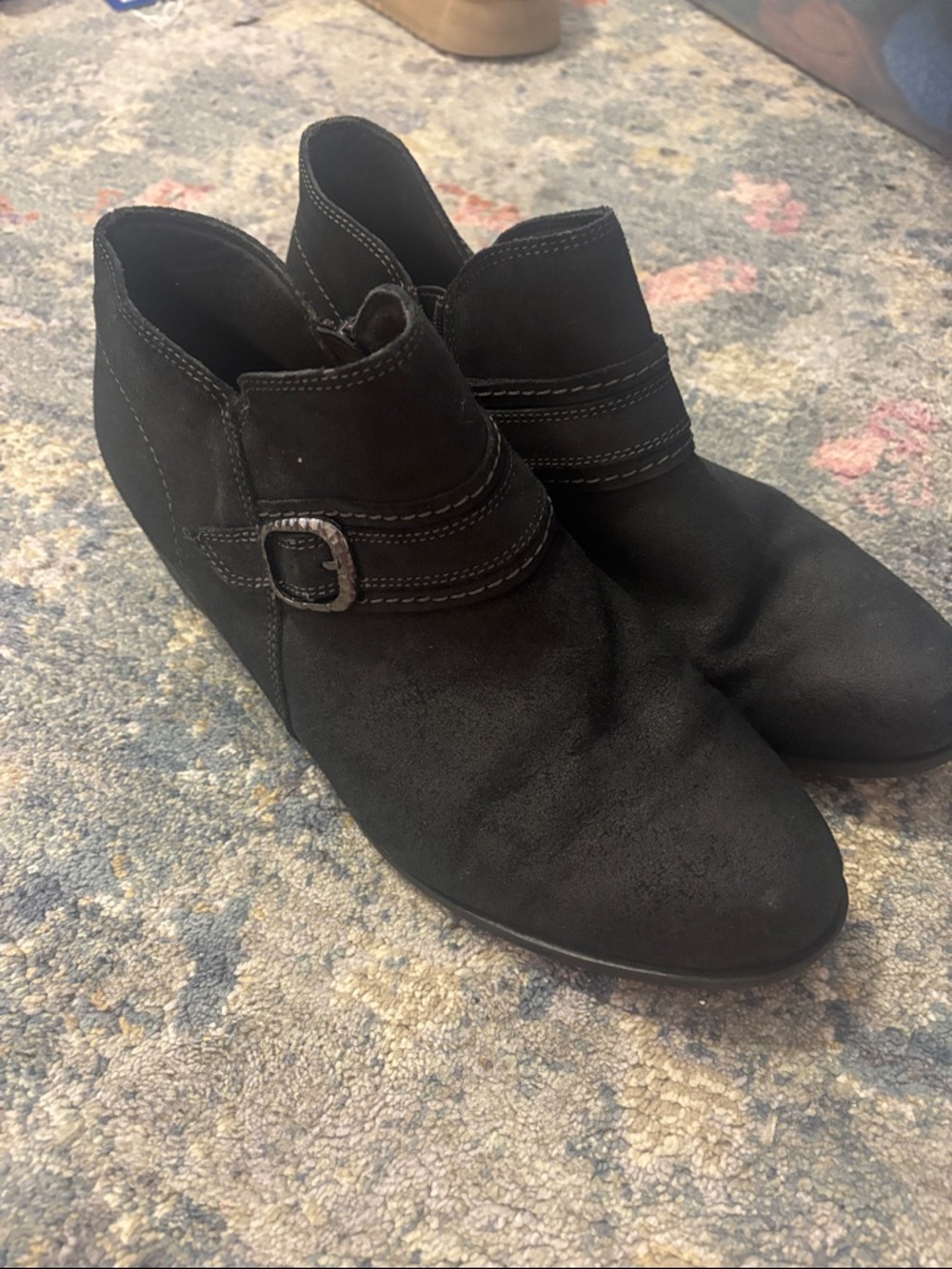 Clarks Black Suede Ankle Booties with Buckle Accent